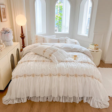 Charming Romantic White Ruffle Princess Wedding Lace Ruffles 100% Cotton Bedding Set